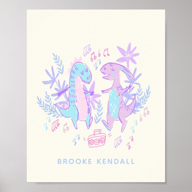 Pastel Dancing Dinosaurs Purple Blue Personalized Poster (Front)