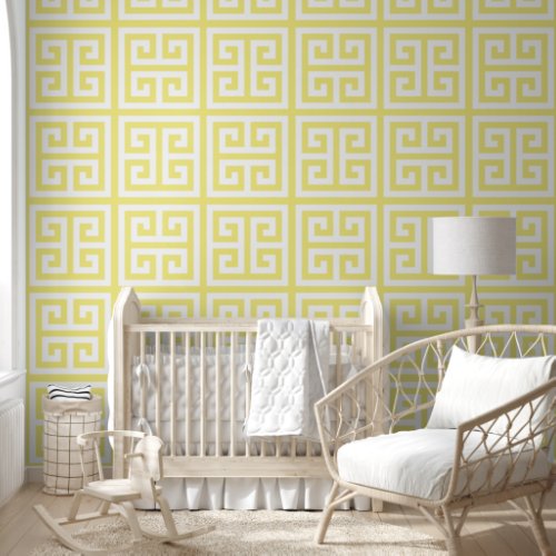 Pastel Dandelion Yellow and White Large Greek Key Wallpaper