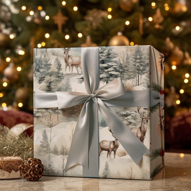 Pastel Deer Watercolor  Sage Green Winter Wrapping Paper Sheets (Creator Uploaded)