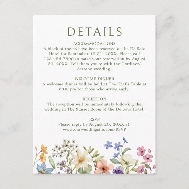 Pastel Delicate Wildflowers Wedding Details Enclosure Card (Front)