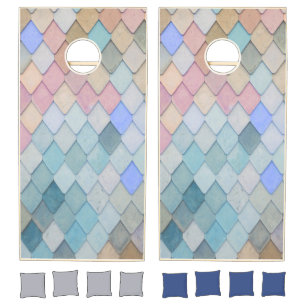 Pastel Diamond Pattern Mermaid Blue Green Pink Cornhole Set