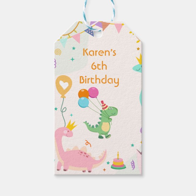 Pastel Dino Birthday Stickers Gift Tags (Front)