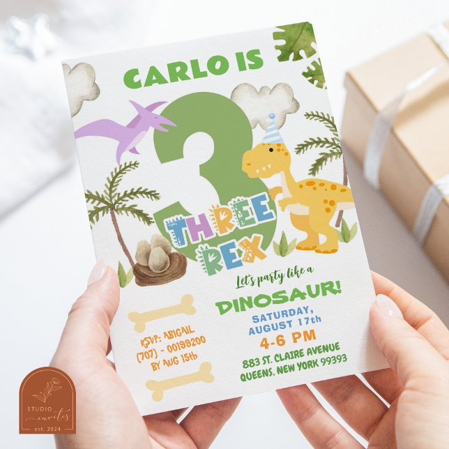 Pastel Dinosaur Boy Three Rex Birthday Party Invitation (Creator Uploaded)
