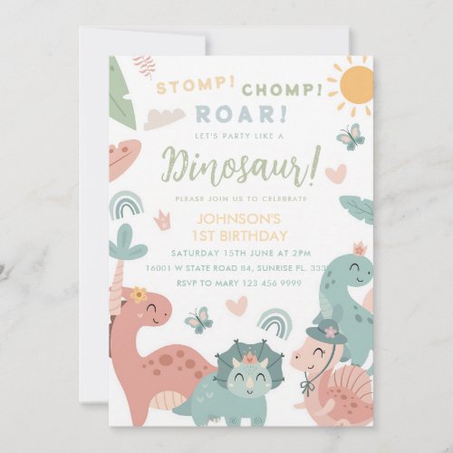 Pastel Dinosaur Stomp Chomp Roar 1st Birthday Invitation