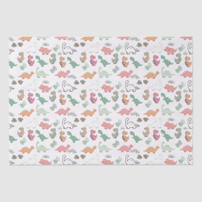 Pastel Dinosaurs on White Background Tissue Paper (Front)