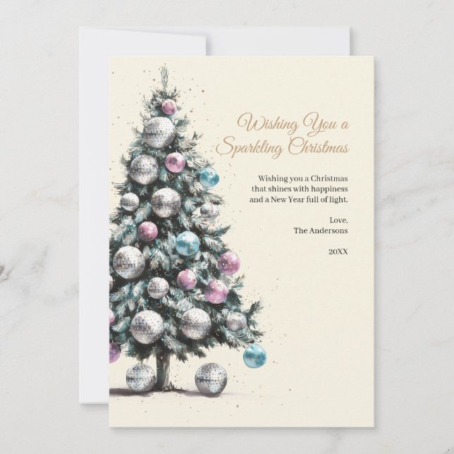 Pastel Disco Ball Ornament Christmas Tree Photo Holiday Card (Front)
