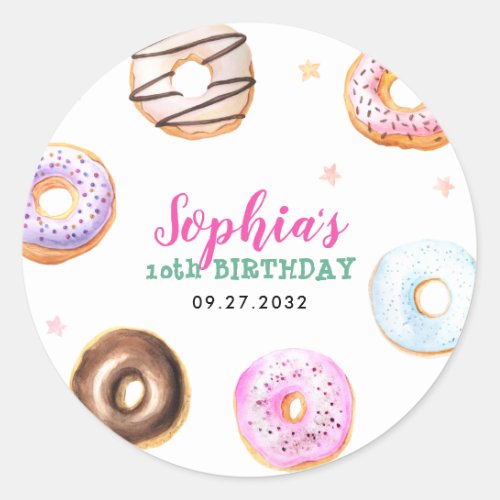 Pastel Donut Star Sprinkles Pink Script Birthday Classic Round Sticker