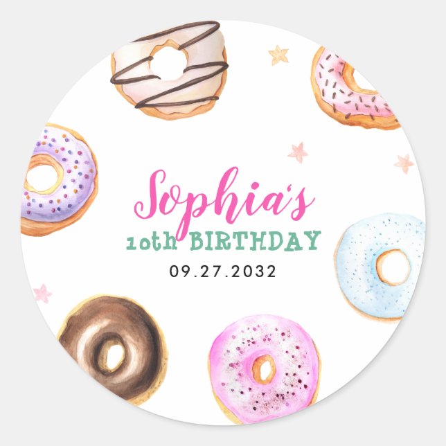 Pastel Donut Star Sprinkles Pink Script Birthday Classic Round Sticker (Front)