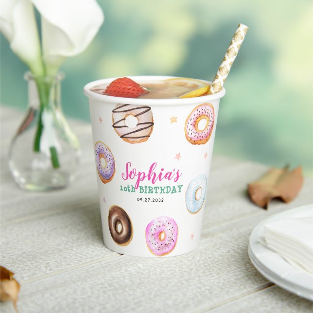 Pastel Donut Star Sprinkles Pink Script Birthday Paper Cups (Insitu)