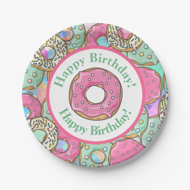 Pastel Donuts Happy Birthday Paper Plates (Front)
