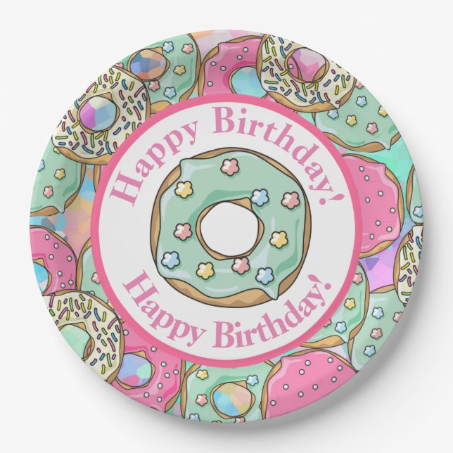 Pastel Donuts Happy Birthday Paper Plates (Front)