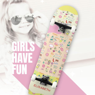 Pastel Doodle Pattern Cute Girls Pink Skateboard