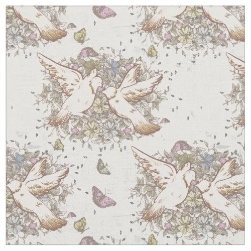 Pastel Doves Floral Butterflies Fabric