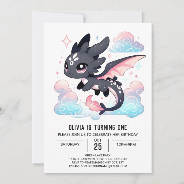 Pastel Dragon 1st Birthday Invitation (Front)
