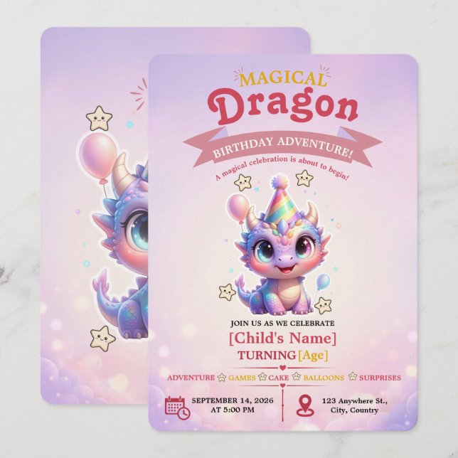 Pastel Dragon Birthday Adventure Invitation (Front/Back)