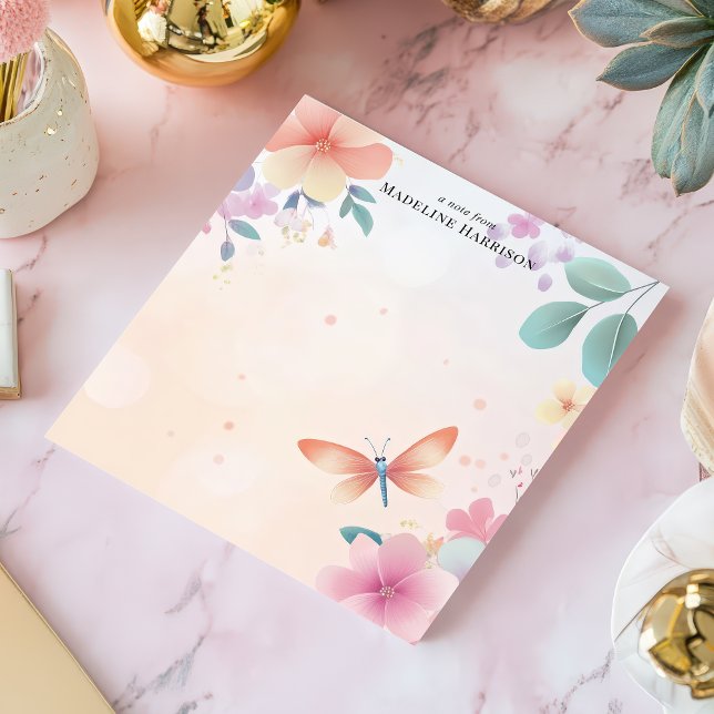 Pastel Dragonfly Floral Garden Personalized Name Notepad (Creator Uploaded)