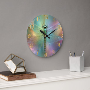Pastel Dragonfly Fractal Art, Large Clock