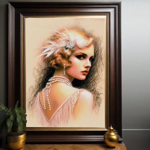 Pastel Drawing 1920s Flapper Girl Blonde Poster