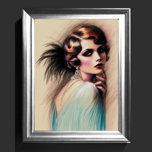 Pastel Drawing 1920s Flapper Girl Blue Poster