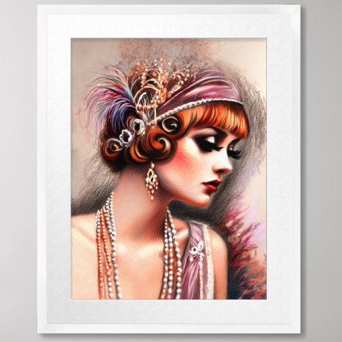 Pastel Drawing 1920s Flapper Girl Red Hair Poster