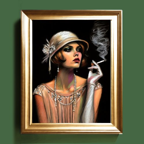 Pastel Drawing 1920s Flapper Girl Smoking Poster