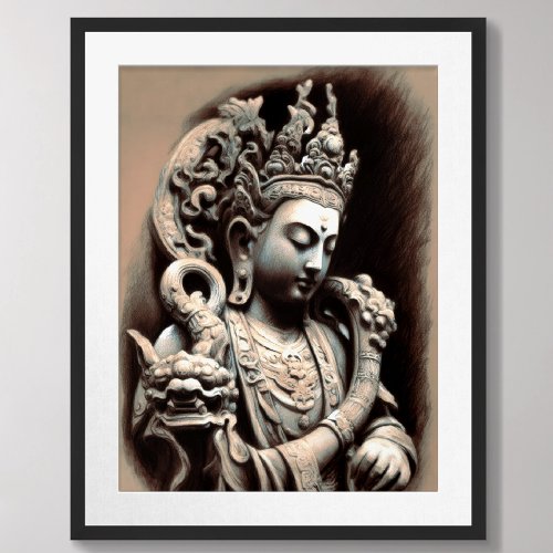 Pastel Drawing Ancient Asian Stone Sculpture Poster
