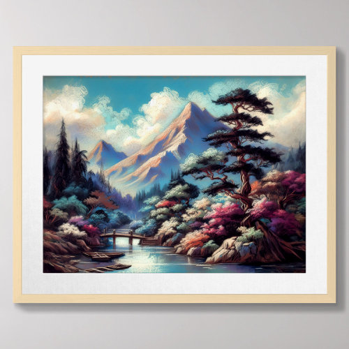 Pastel Drawing Ancient Chinese Landscape Mountain Poster