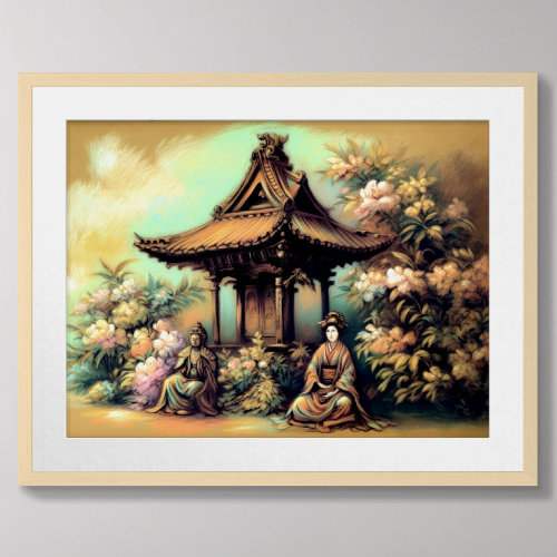 Pastel Drawing Ancient Pagoda Flowering Bush Poster