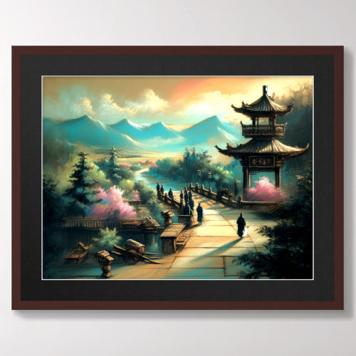 Pastel Drawing Asian Pagoda and Bridge Poster