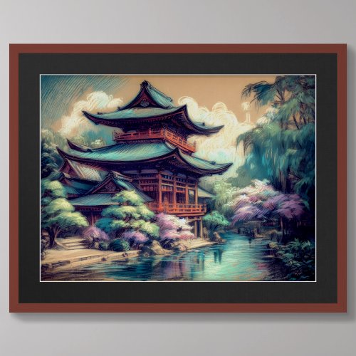 Pastel Drawing Asian Pagoda and Scenery Poster
