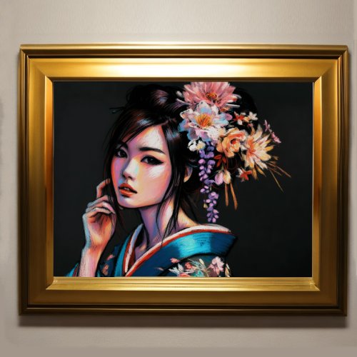 Pastel Drawing Beautiful Asian Woman Kimono Poster