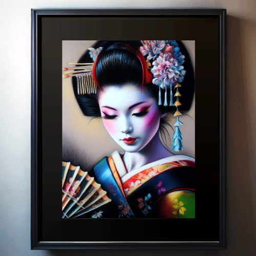 Pastel Drawing Beautiful Japanese Woman Fan Poster