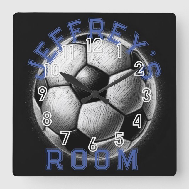 Pastel Drawing Black White Soccer Ball Personalize Square Wall Clock (Front)