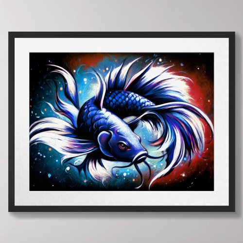Pastel Drawing Chinese Blue Fish Poster