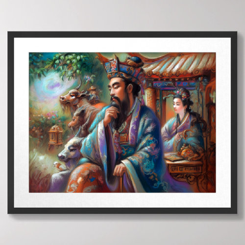 Pastel Drawing Chinese Man Woman Cows Poster