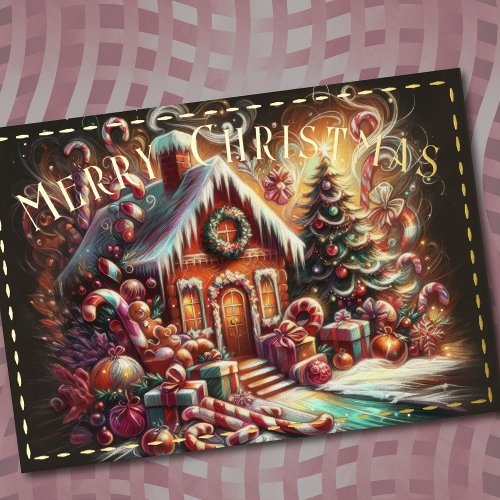 Pastel Drawing Christmas Holiday Gingerbread House Card