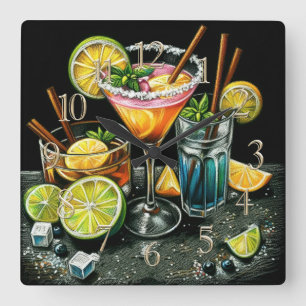 Pastel Drawing Cocktails Citrus Wedges Square Wall Clock