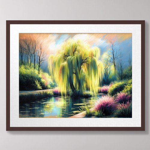 Pastel Drawing Garden Pond Weeping Willow Tree Poster