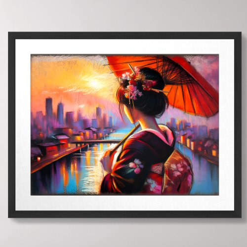Pastel Drawing Geisha Sunset Umbrella Poster