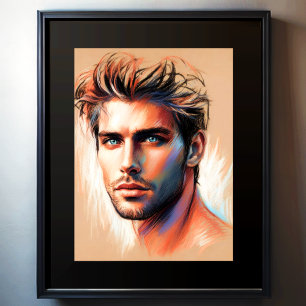Pastel Drawing Handsome Man Blue Eyes Poster