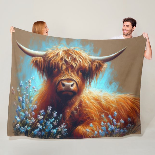 Pastel Drawing Highland Cow Blue Flowers Fleece Blanket (In Situ)