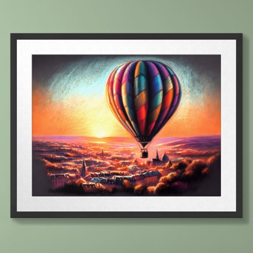 Pastel Drawing Hot Air Balloon Over European Town Poster