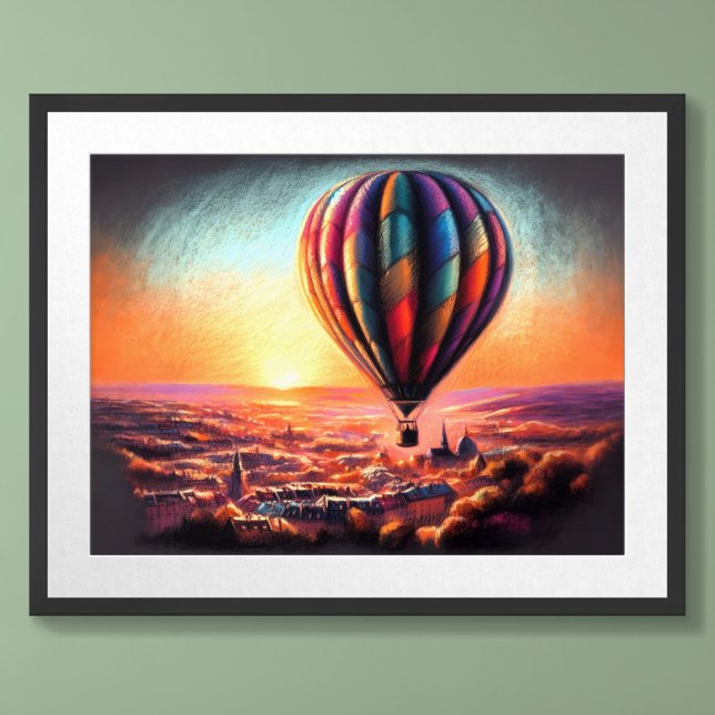 Pastel Drawing Hot Air Balloon Over European Town Poster (Creator Uploaded)