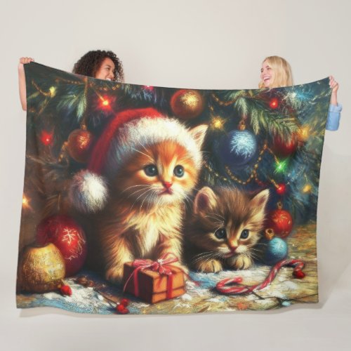 Pastel Drawing Kittens Christmas Fleece Blanket