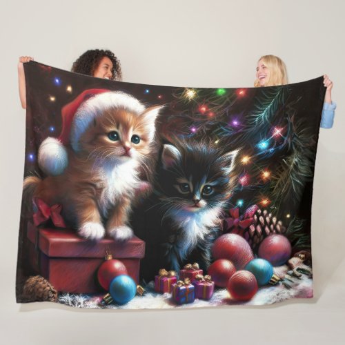 Pastel Drawing Kittens Christmas Fleece Blanket