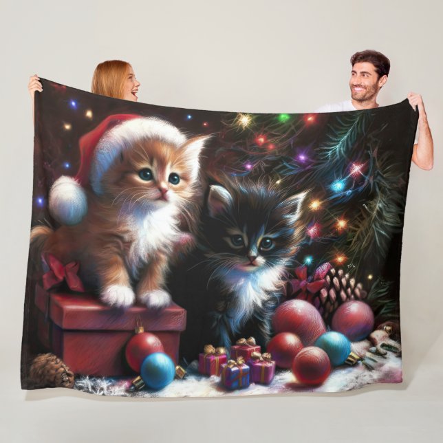 Pastel Drawing Kittens Christmas Fleece Blanket (In Situ)