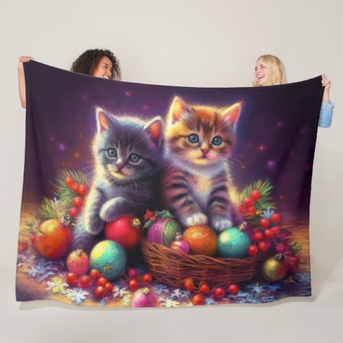 Pastel Drawing Kittens Christmas Purple Fleece Blanket