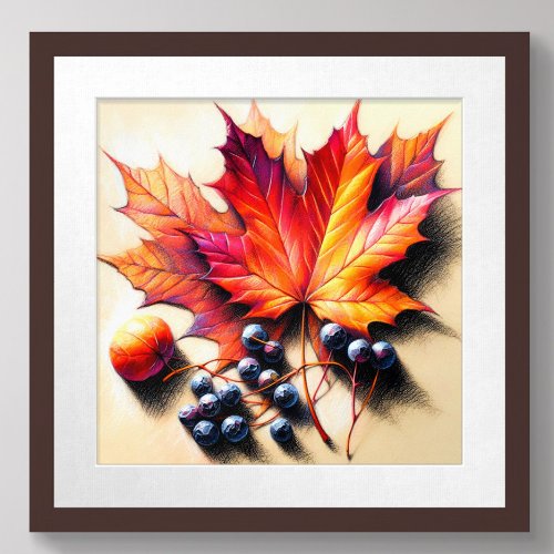 Pastel Drawing Maple Leaf Berry Autumn Fall Poster