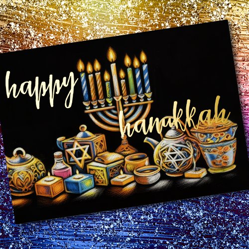 Pastel Drawing Menorah Hanukkah Candles Foil Holiday Card