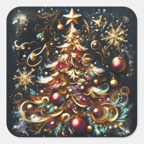 Pastel Drawing of a Christmas Tree Whimsical Square Sticker